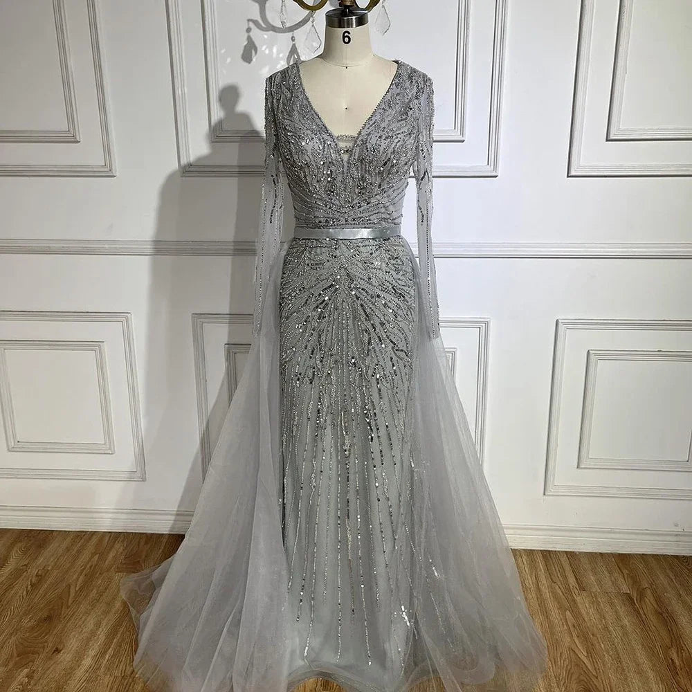 Custom Turquoise Mermaid Evening Dress Long Sleeve Beaded Gown