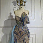 Serene Hill Blue Strapless Mermaid Beaded Custom Evening Gown With Skirt