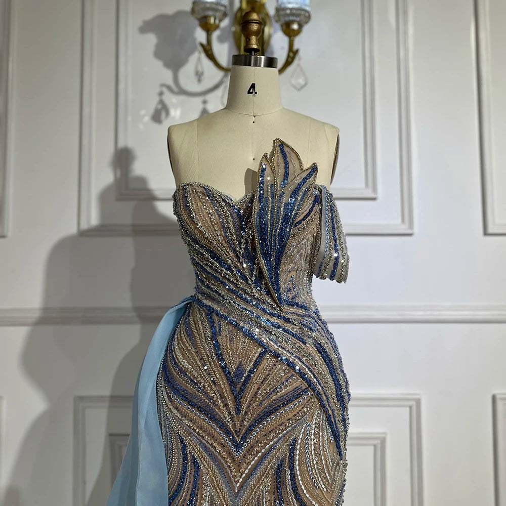 Serene Hill Blue Strapless Mermaid Beaded Custom Evening Gown With Skirt