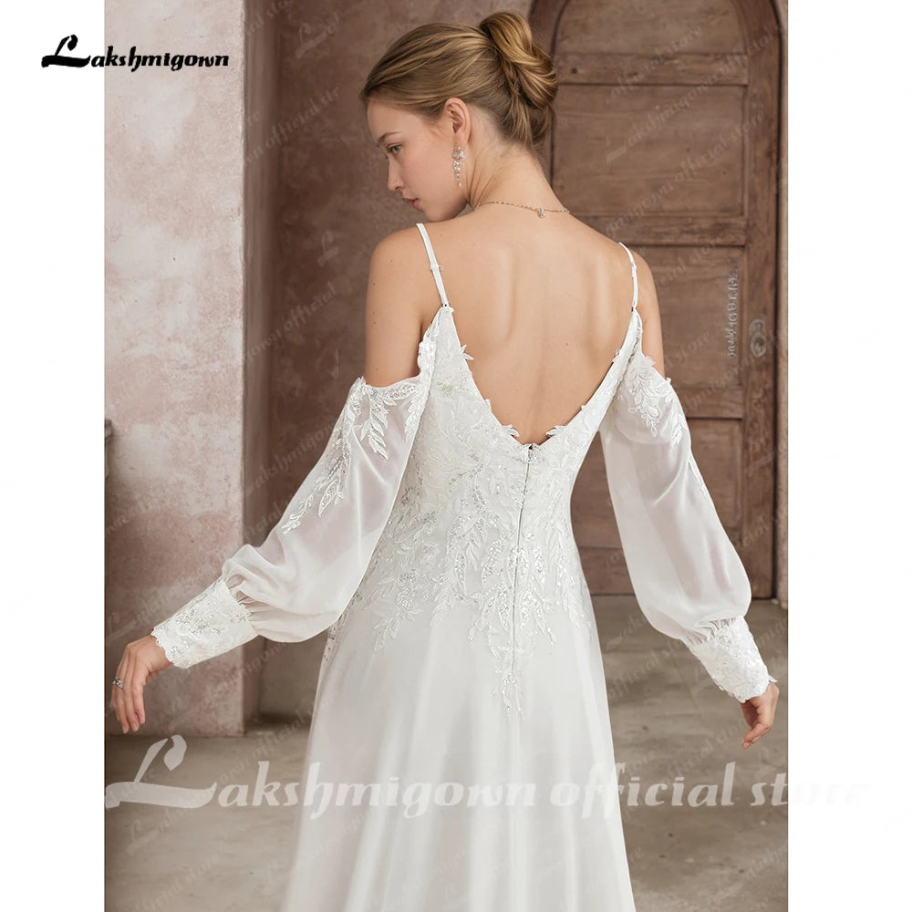 Custom Illusion Off White Bridal Gown Off Shoulder Long Sleeve Wedding Dress