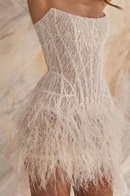 Short Strapless Feathered Wedding Dress Sparkly Mini Bridal Gown