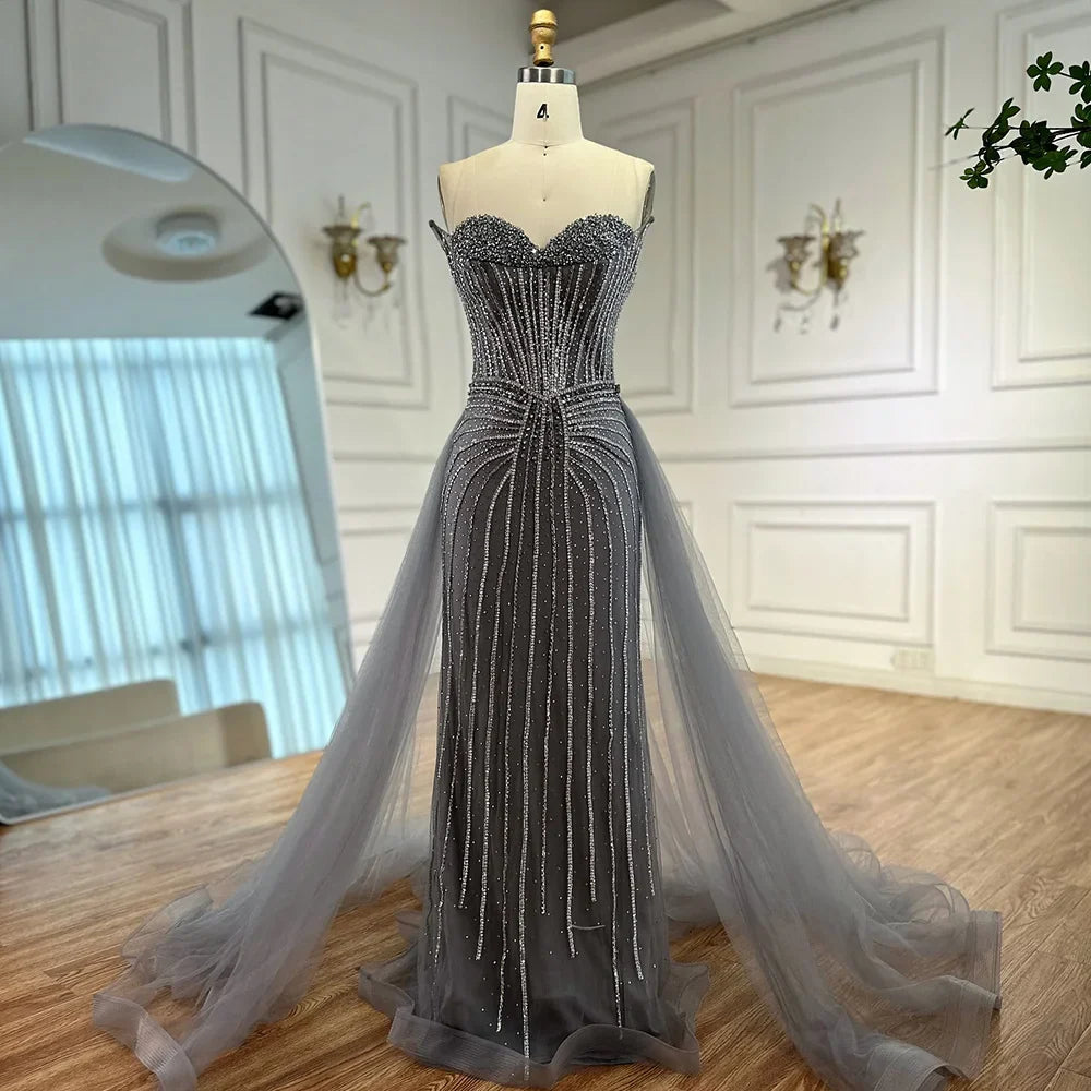 Pink Pearls Beaded Arabic Mermaid Evening Dress with Overskirt LA72811B