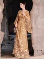 2025 Gold Sequin Mother Of The Bridal Dresses Elegant V-Neck A-Line Floor-Length Long Wedding Party Gowns Customized