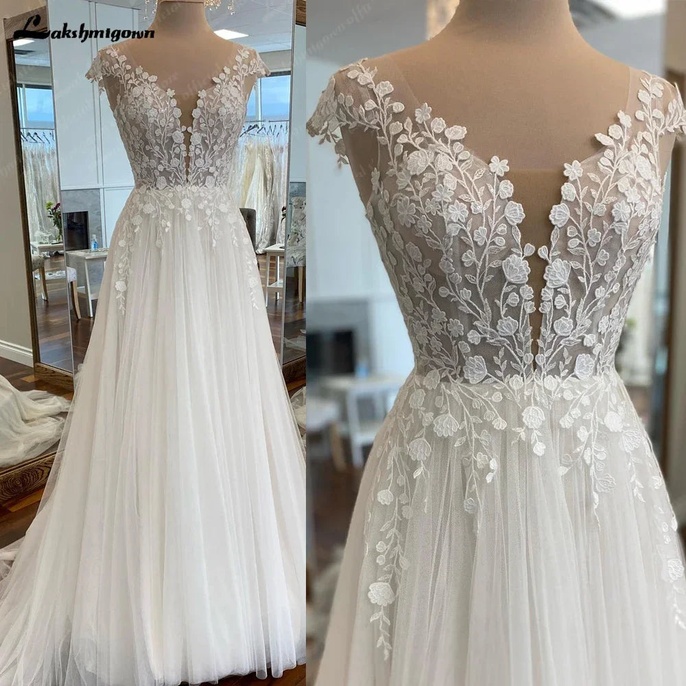 Customized A Line Off White Tulle Bridal Beach Wedding Dress With Cap Sleeves