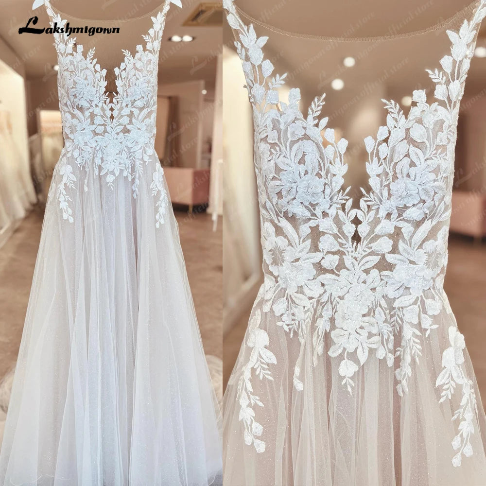 Lakshmigown Custom Illusion Backless Sleeveless Appliques Wedding Dress Bride