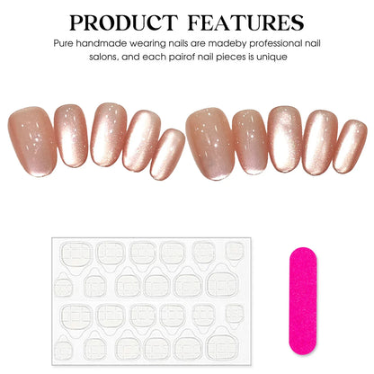 10 uñas postizas hechas a mano, color nude brillante, estilo ojo de gato, cobertura total, parches de bailarina para usar. 