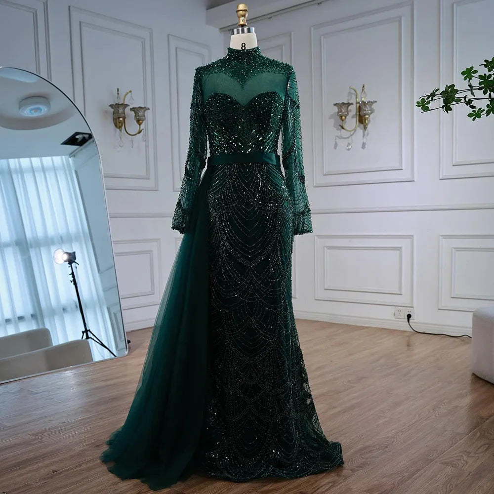 Luxury Brown Beaded Mermaid Evening Dress with Side Overskirt LA71913A