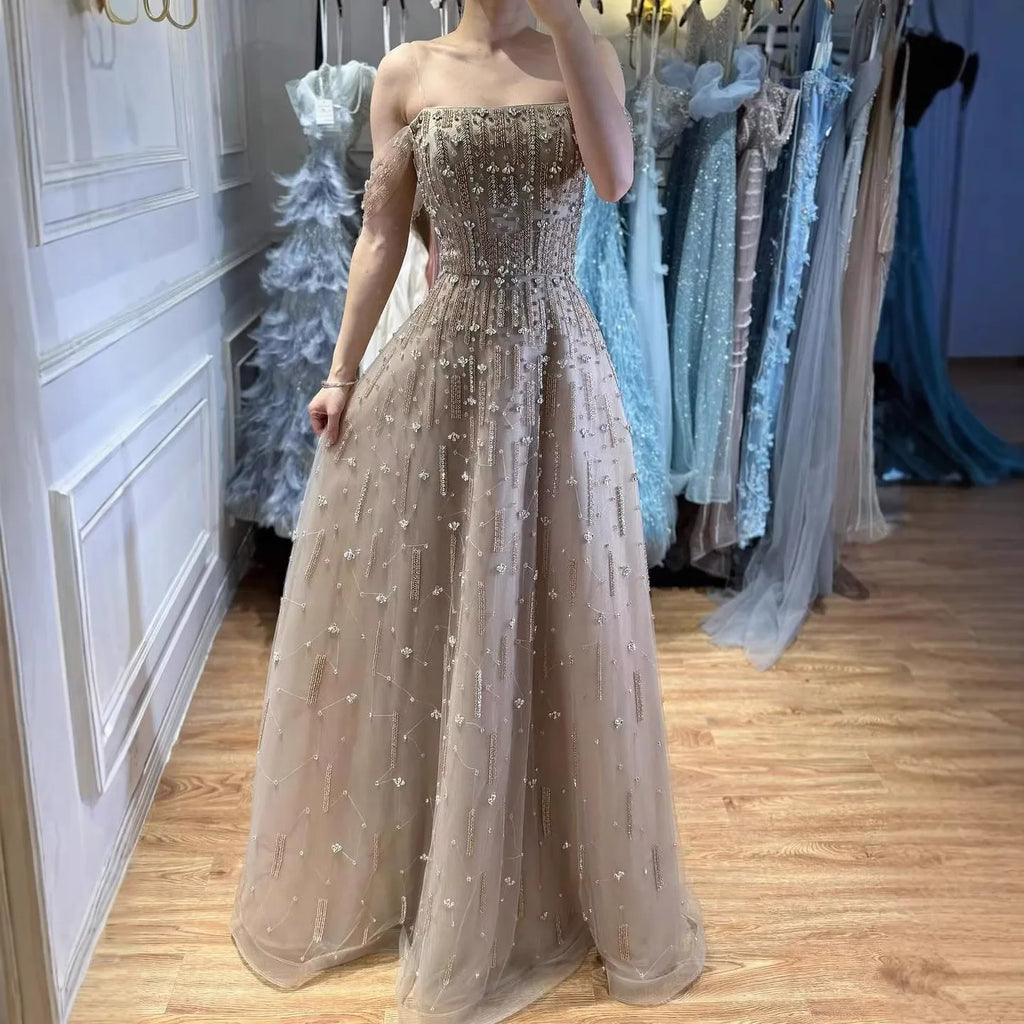 Serene Hill Caramel Beaded Off Shoulder A Line Evening Gown For Prom