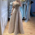 Serene Hill Caramel Beaded Off Shoulder A Line Evening Gown For Prom