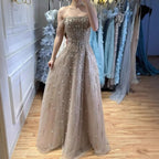 Serene Hill Caramel Beaded Off Shoulder A Line Evening Gown For Prom