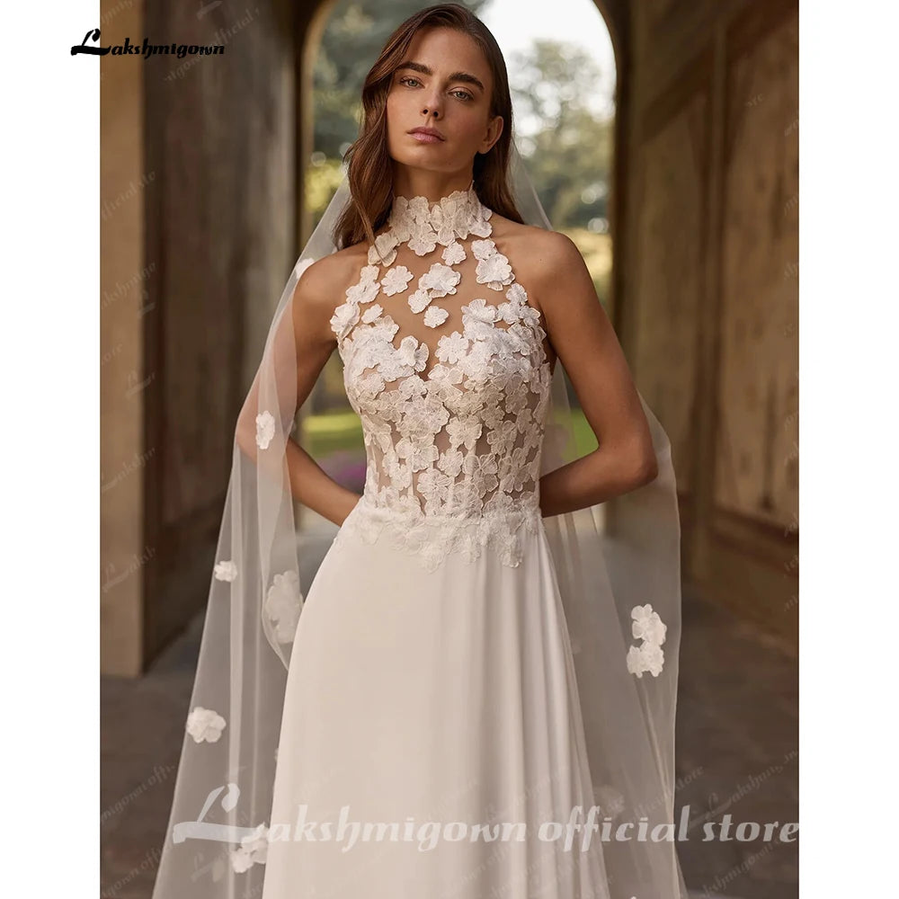 Custom Bohemian A-Line Halter Chiffon Wedding Dress With Lace Appliques