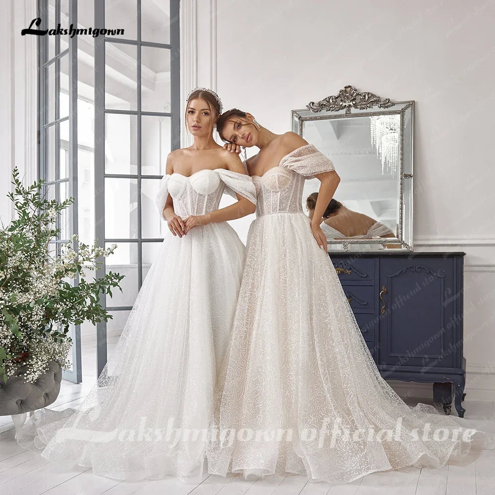 Customized Luxury Boat Neck Wedding Dress Bohemian Floor Length Gown