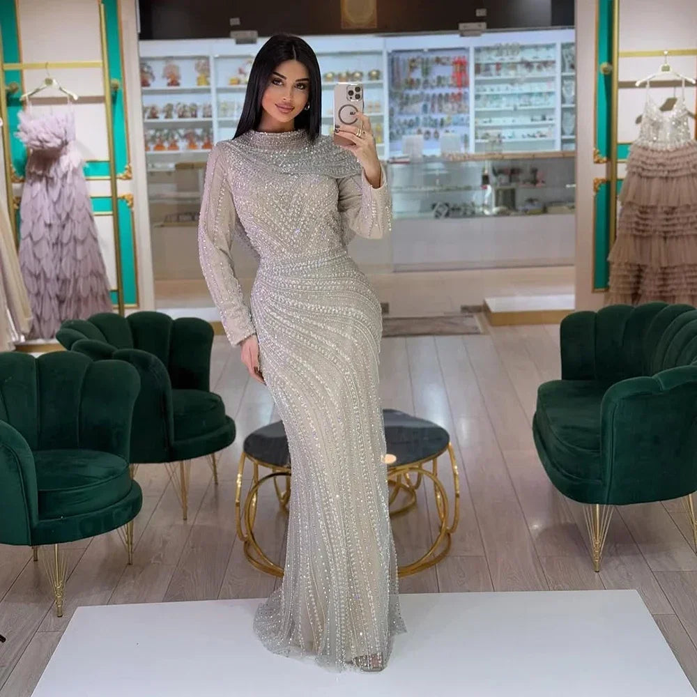Elegant Mermaid Beaded Evening Gown Sparkle Silver Nude Custom Party Dress