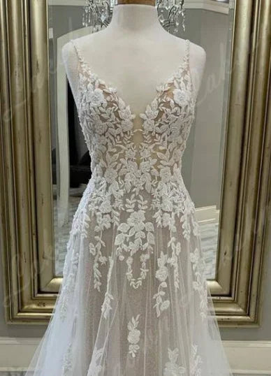 Custom Boho Lace A Line Bridal Wedding Dress Spaghetti Straps