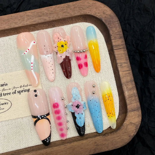 10 uñas postizas de verano hechas a mano con diseño de dopamina, talladas a mano en hielo, con diseño de nenúfar grande, uñas postizas francesas largas y almendradas de colores. 