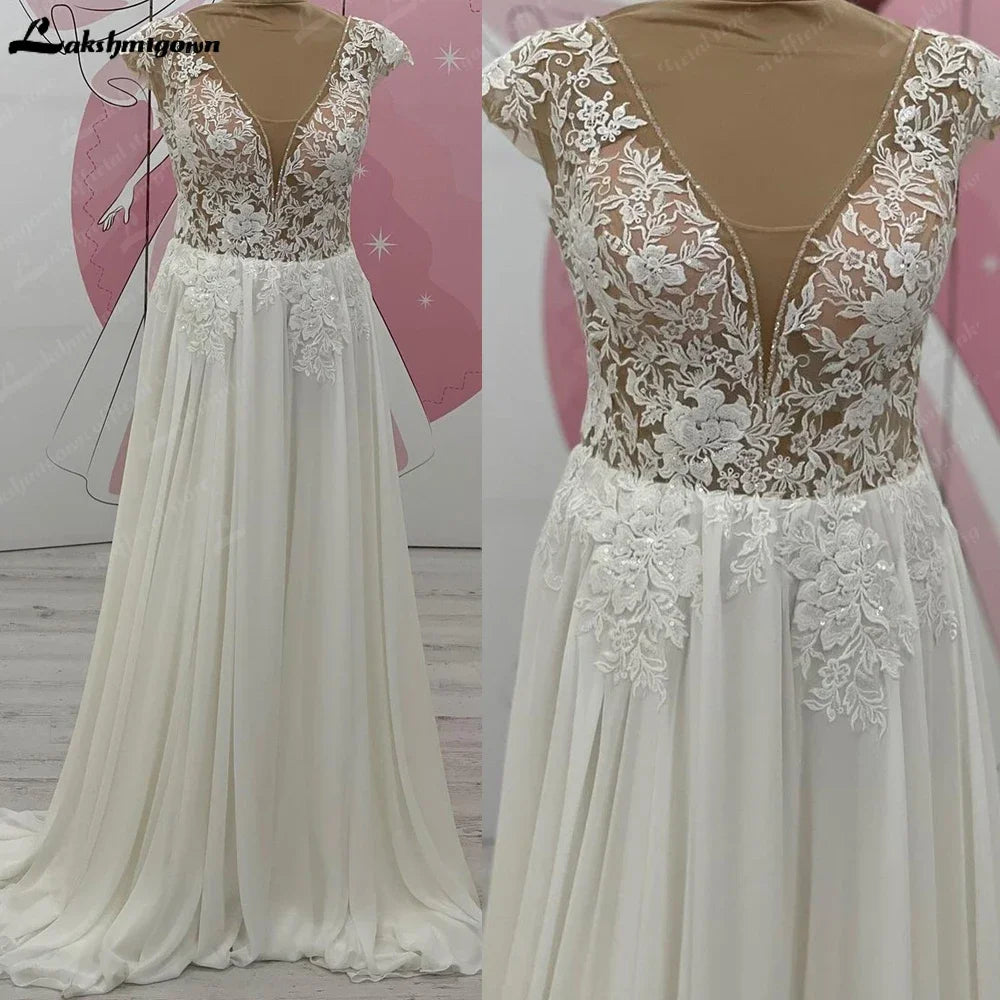 Lakshmigown Cap Sleeve Lace V Neck Backless Beach Wedding Dress