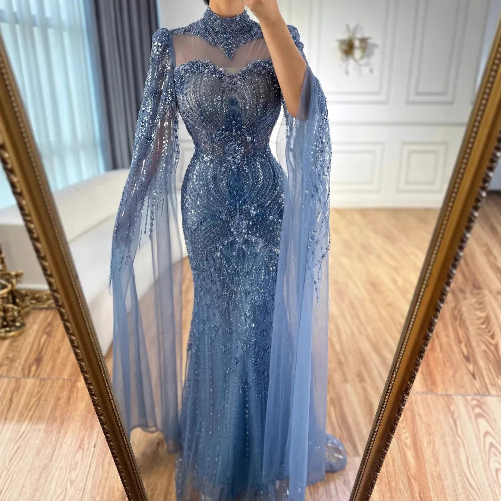 Luxury  Modest Blue Mermaid Evening Dress with Cape LA73006