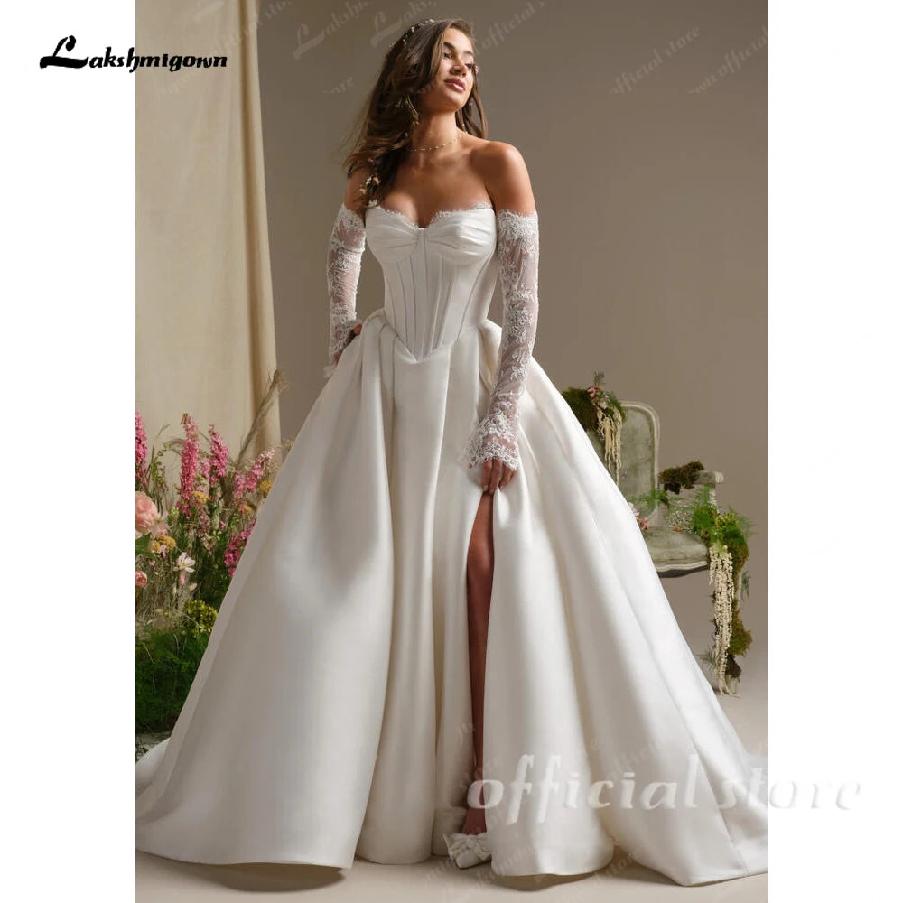 Custom A Line Satin Wedding Dress Off Shoulder Lace Long Sleeve Corset Gown