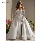 Custom A Line Satin Wedding Dress Off Shoulder Lace Long Sleeve Corset Gown