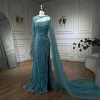 Custom Blue Mermaid Evening Dress Pearl Beaded Formal Gown With Gloves