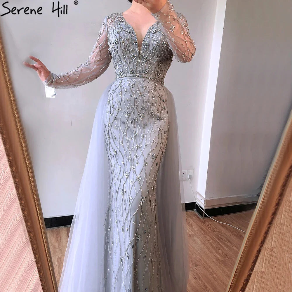 Serene Hill Lilac V-Neck Long Sleeves Mermaid Beaded Evening Dress Detachable Overskirt Party Gown for Women DLA70341