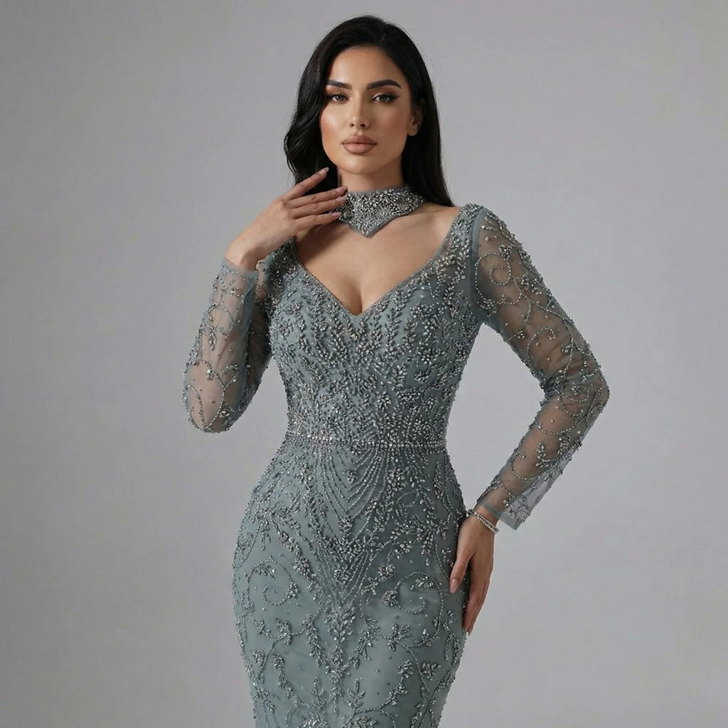 Custom Turquoise Mermaid Evening Dress With Long Sleeves And Beading