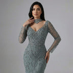 Custom Turquoise Mermaid Evening Dress With Long Sleeves And Beading