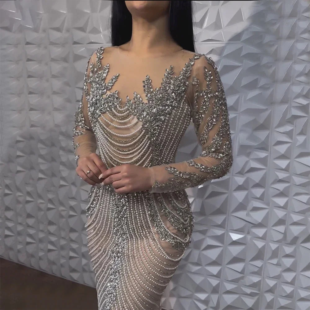 Customized Nude Long Sleeves Beaded Evening Dress With Pearl Gown For Women