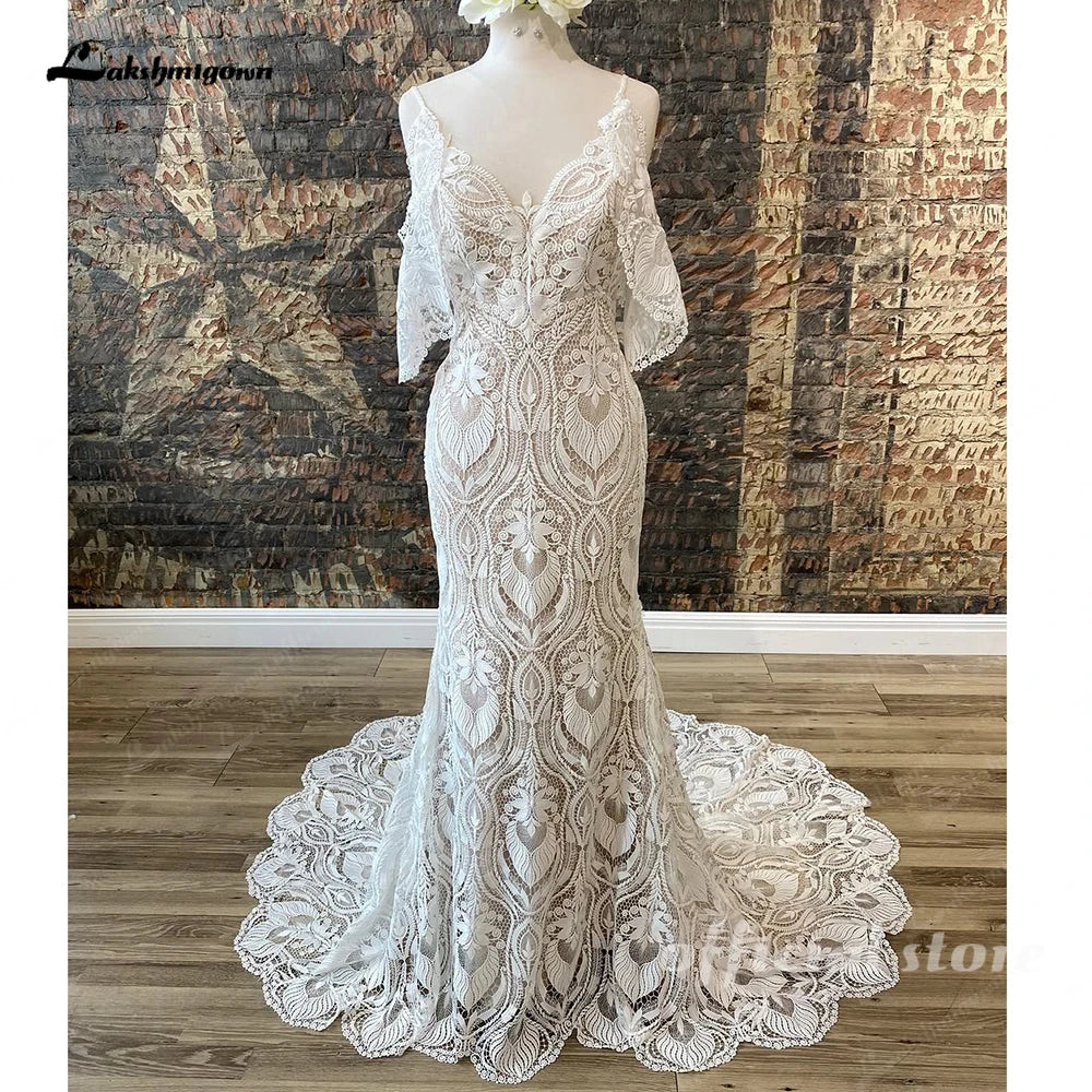 Lace Mermaid Wedding Dress Bohemian Bridal Gown With Detachable Sleeves