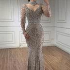 Custom Turquoise Mermaid Evening Dress With Long Sleeves And Beading