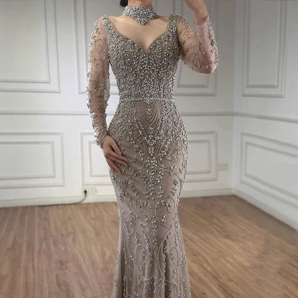 Custom Turquoise Mermaid Evening Dress With Long Sleeves And Beading