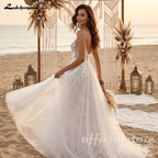 Custom V Neck Lace A Line Wedding Floor Length Spaghetti Strap