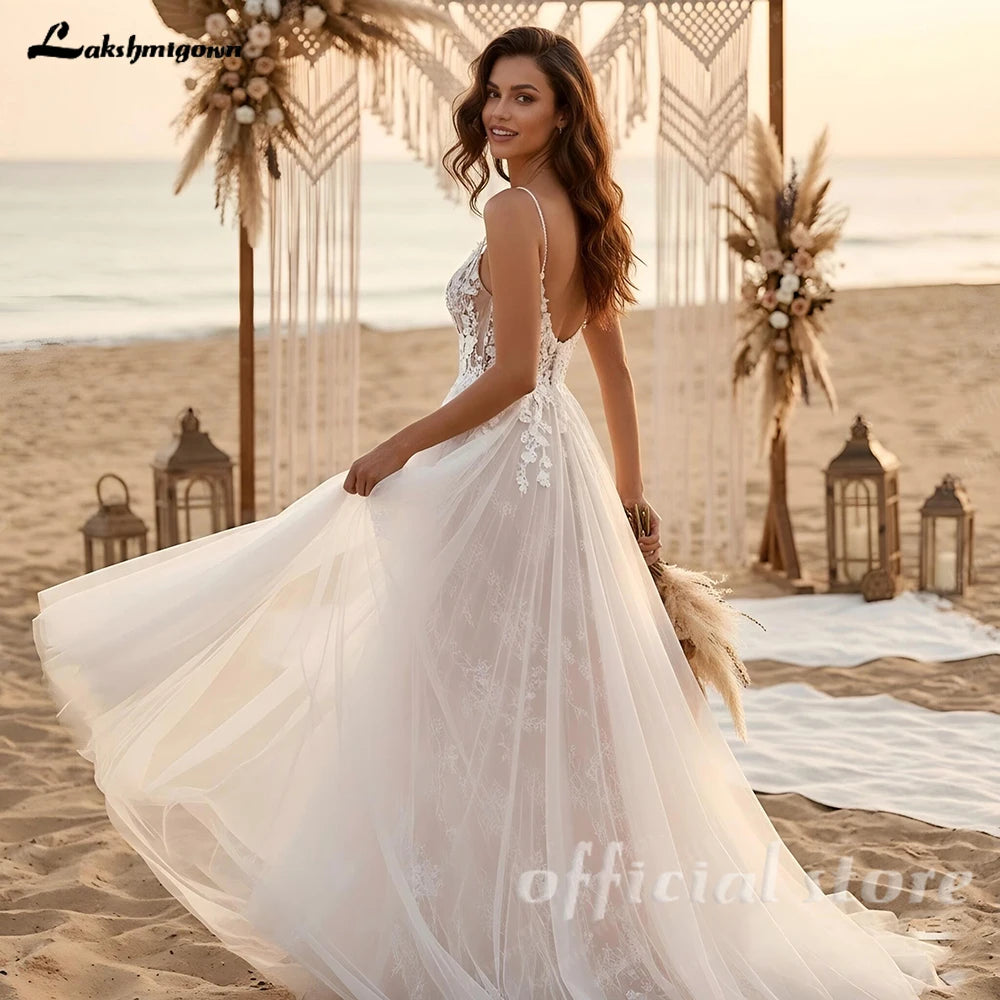 Custom V Neck Lace A Line Wedding Floor Length Spaghetti Strap