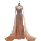 Vestido de Noite de Sereia em Nude de Luxo com Mangas de Capa LA73118