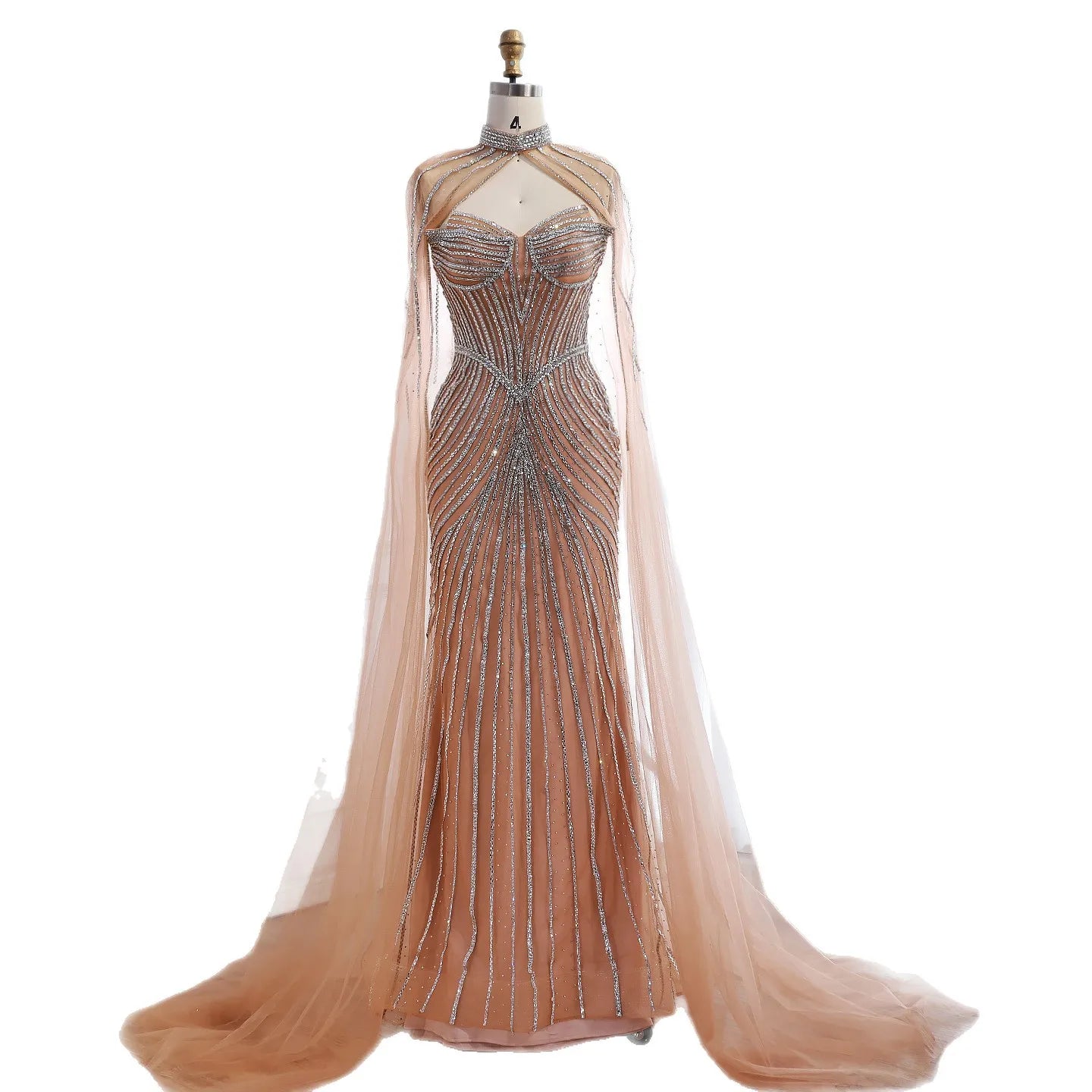 Vestido de Noite de Sereia em Nude de Luxo com Mangas de Capa LA73118