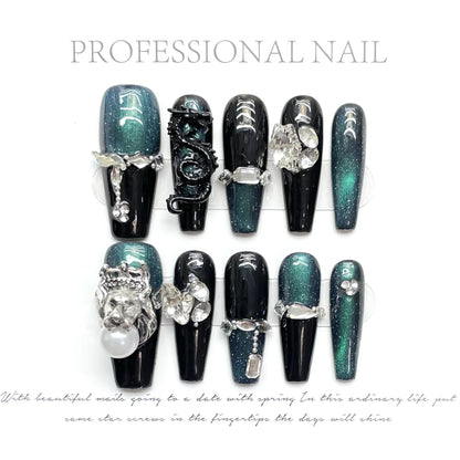 10 uñas postizas para niñas, con efecto ojo de gato, cielo estrellado, largas, hechas a mano, con diamantes brillantes, estilo Y2K. 