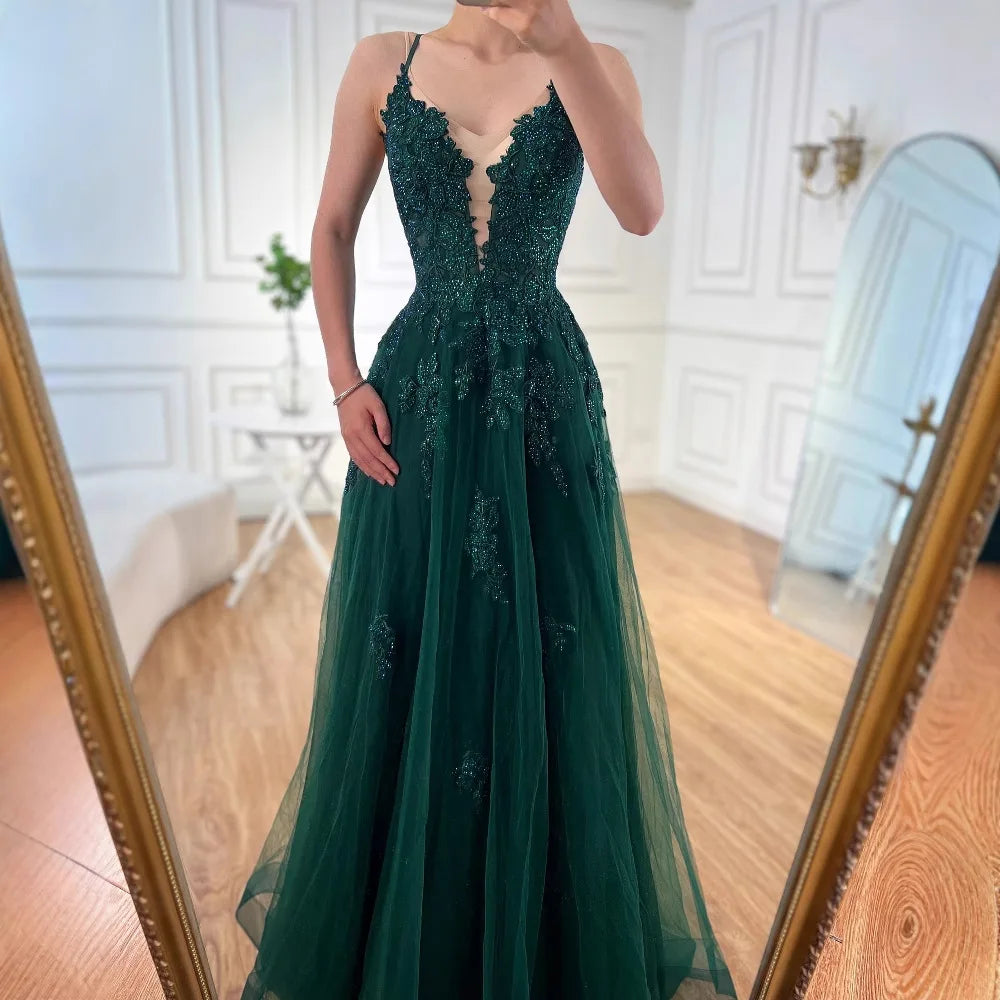 Luxury Sage Green Lace A-Line Prom Dress with Spaghetti Straps LA73005
