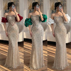 Luxury Pearl Beaded Evening Dress Elegant Puff Sleeves Custom Gown