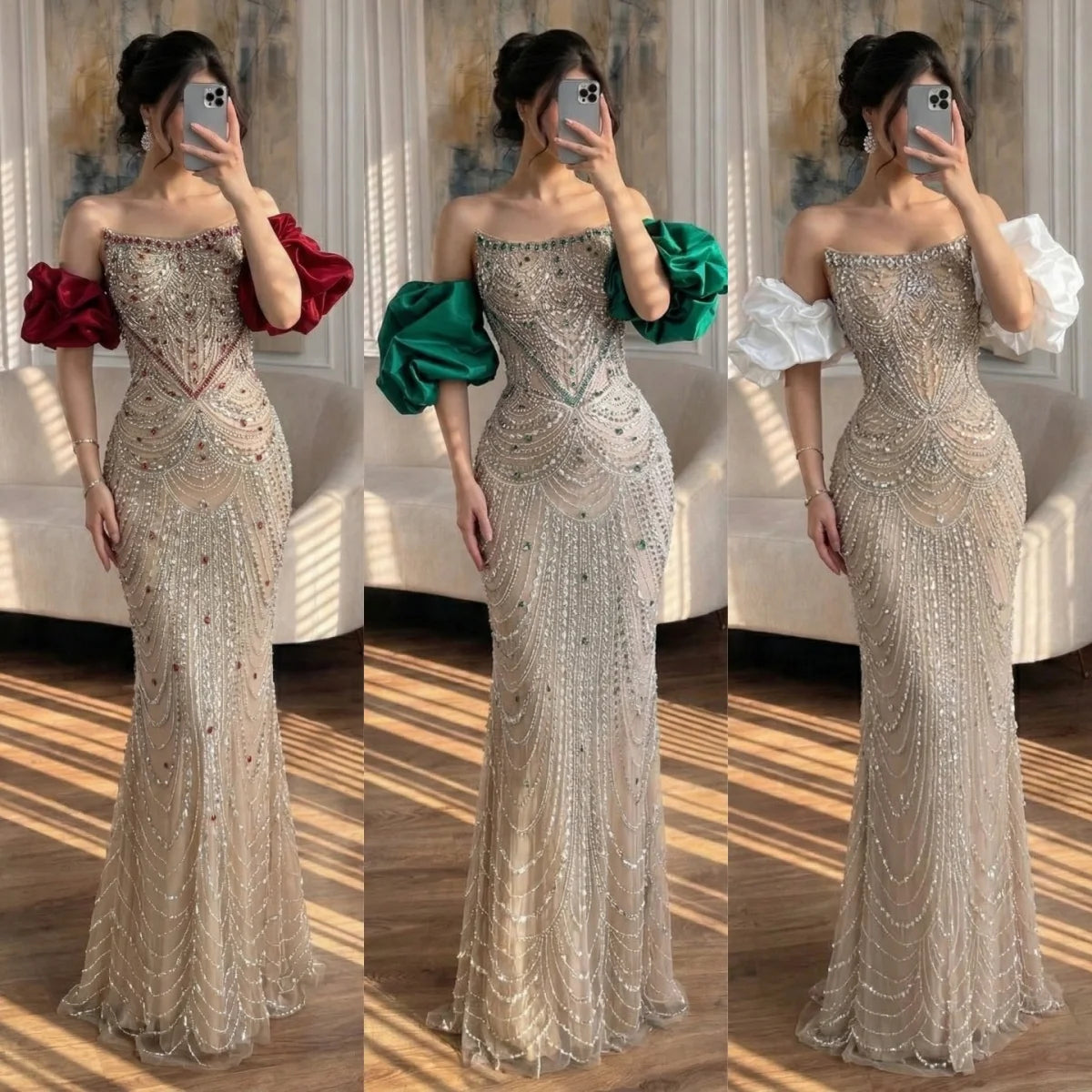 Luxury Pearl Beaded Evening Dress Elegant Puff Sleeves Custom Gown