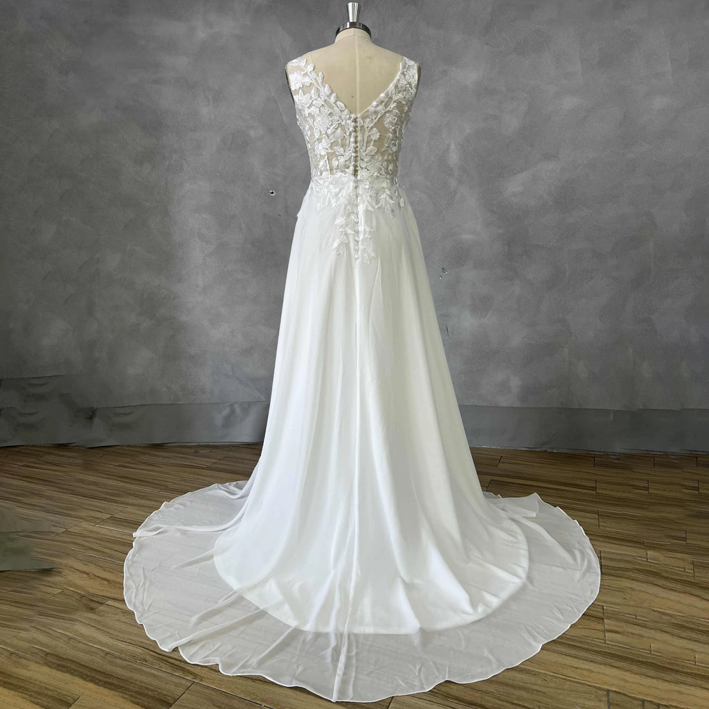 Boho Chiffon Wedding Dress Sleeveless Deep V Lace Sweep Train