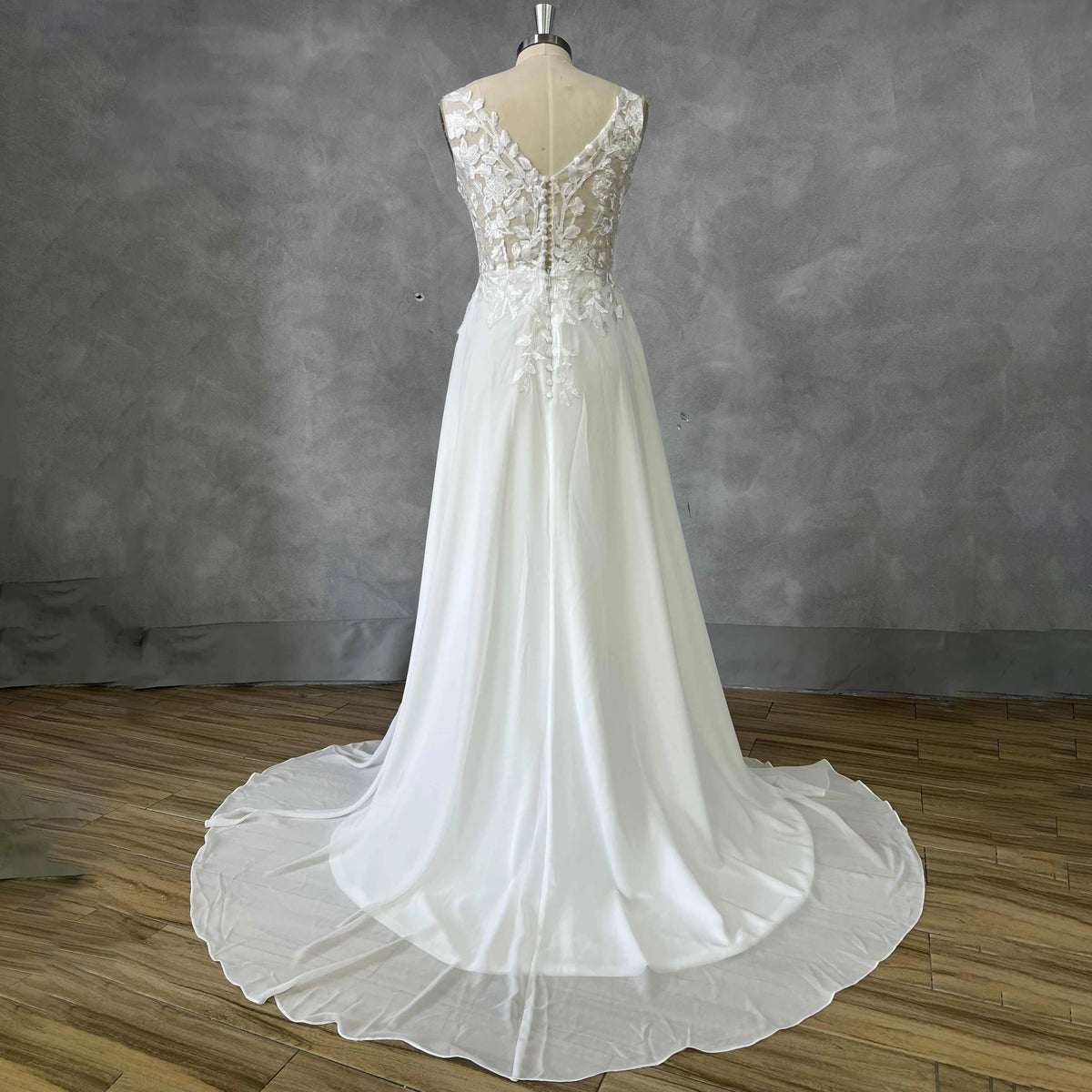 Boho Chiffon Wedding Dress Sleeveless Deep V Lace Sweep Train