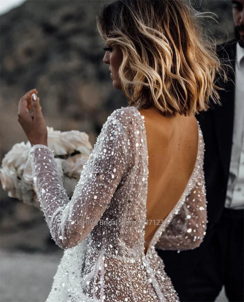 Modern V Neck Sequin Wedding Dress Long Sleeve Backless Bridal Gown