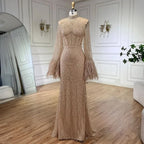 Nude High Neck Long Sleeves Feathers Mermaid Beaded Customized Evening Dress