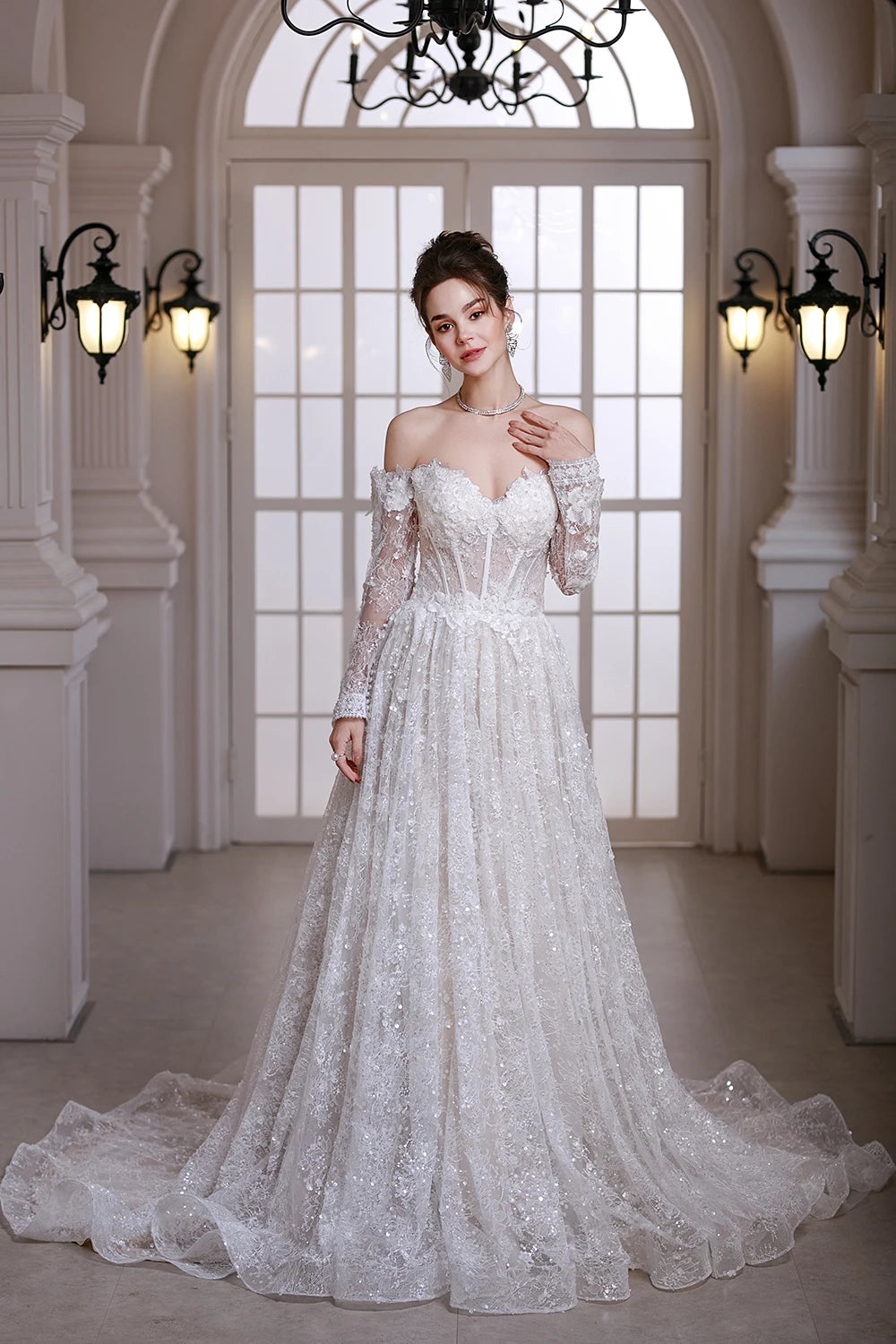Luxury Custom Long Sleeve Lace Wedding Dress For Bride