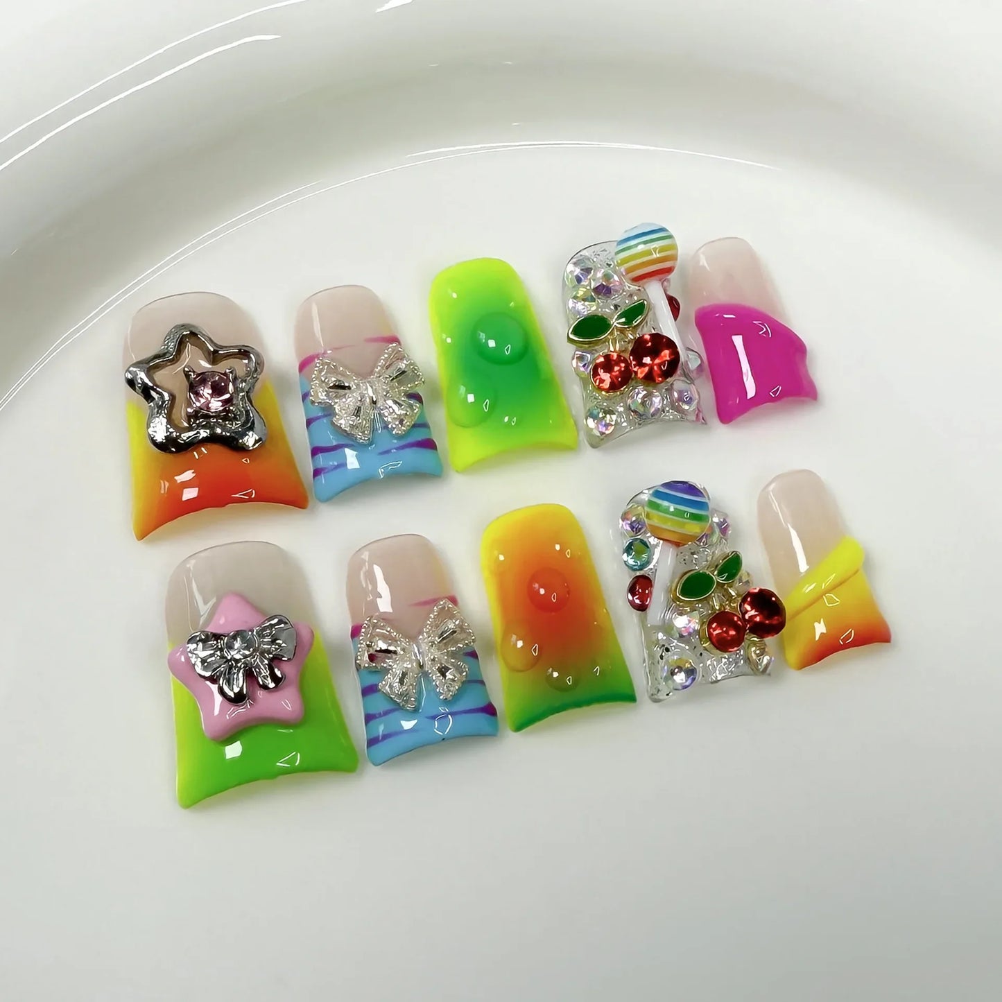 10pcs Colorful French Style Handmade Fake Nails Shiny Diamond Cherry Star Lolipop Butterfly Press On Nails Sweet Cool False Nail