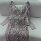 Customized Pink Mermaid Evening Dress Long Sleeve Beaded Gown