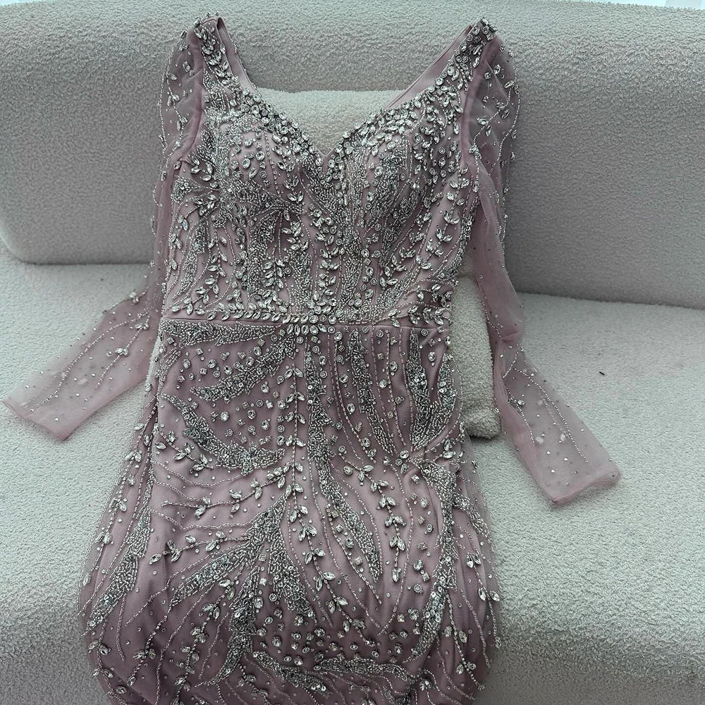 Customized Pink Mermaid Evening Dress Long Sleeve Beaded Gown