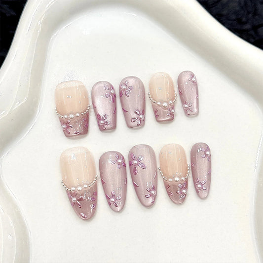10 uñas postizas hechas a mano, estilo francés, morado claro, con diseño de ojo de gato, con delicados diseños florales, fáciles de usar. 