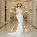 Misshow Elegant White Mermaid Wedding Dress Lace Pearl V Neck Gown