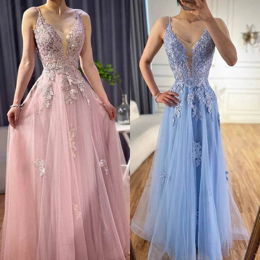 Luxury Sage Green Lace A-Line Prom Dress with Spaghetti Straps LA73005